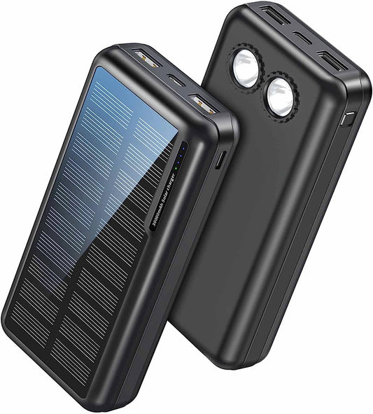Solar Power Bank 30000mAh, Portable Charger with 2 USB Outputs, Type-C & Micro USB inputs, Super Bright Flashlight, External Battery Pack for Outdoor Activities or Camping