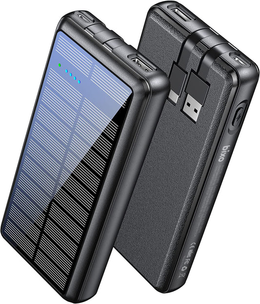 Portable Charger 26800mAh, Power Bank Solar Charger with 2 Output Ports, Built-in 2 Durable Cables, External Battery Pack for Smartphones and Tablets