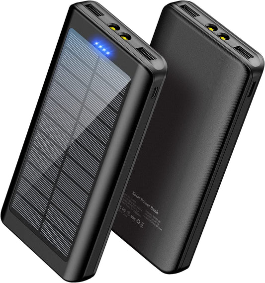 Solar Power Bank 40,000mAh, Dual USB outputs, Type-C input, slim design with LED Torch
