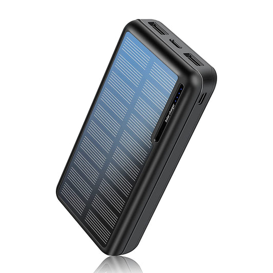 Solar Power Bank 20,000mAh, Portable Charger with 2 USB Outputs, Type-C and Micro USB inputs, External Battery Pack for Outdoor Activities