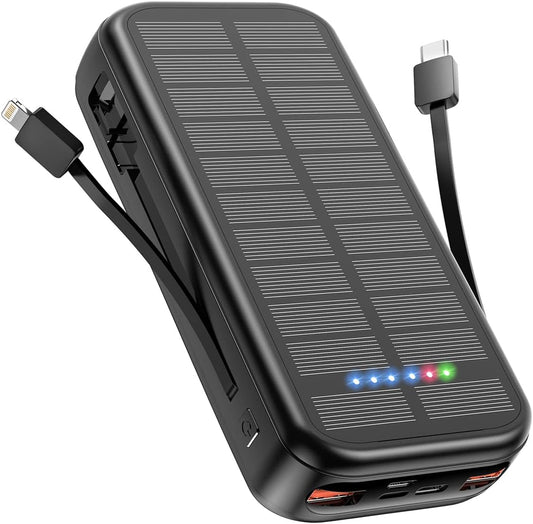 Solar Power Bank 20,000mAh, Portable Charger QC3.0 Fast Charging 20W, Built-in Output Cable, Type-C and Micro USB and lighting inputs, Dual USB Fast outputs