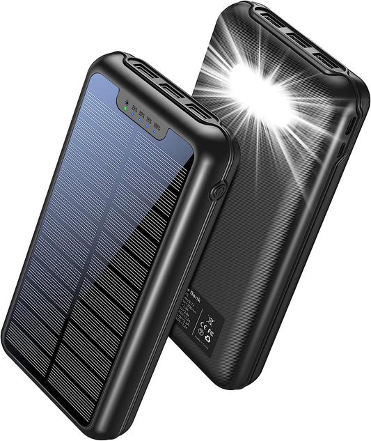 Solar Power Bank 20,000mAh, 3 USB outputs, Micro USB & Type-C inputs, Bright LED Light