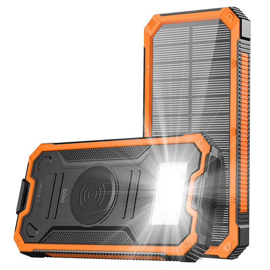 Solar Power Bank 74Wh, Fast Charging Dual USB, 10W Wireless charger, 20000mAh External Battery Pack, Camping Flashlight, Carabiner (Orange)