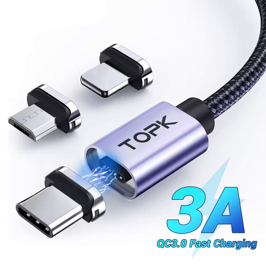 Magnetic USB Cable 18W QC 3A Fast Charging - Nylon Braided, LED Indicator, Pure Copper Core, 1m/2m Lengths