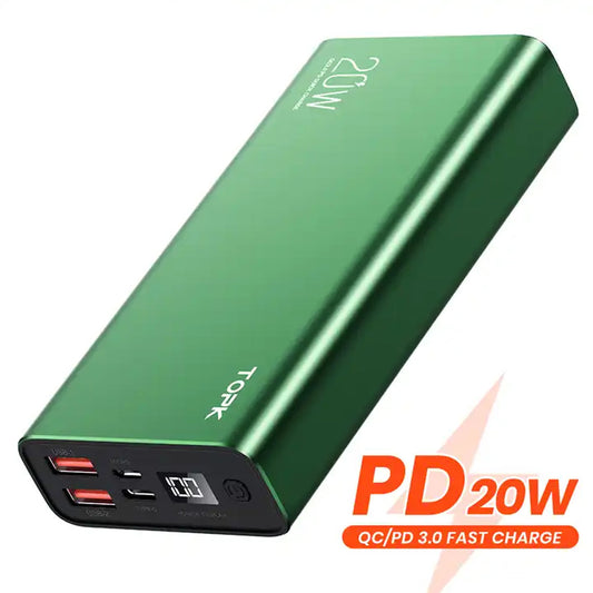 Fast Charging 20,000mAh Power Bank with Dual USB & Type-C Ports 20W, Micro & Type-C Inputs, and Digital Battery Indicator Display